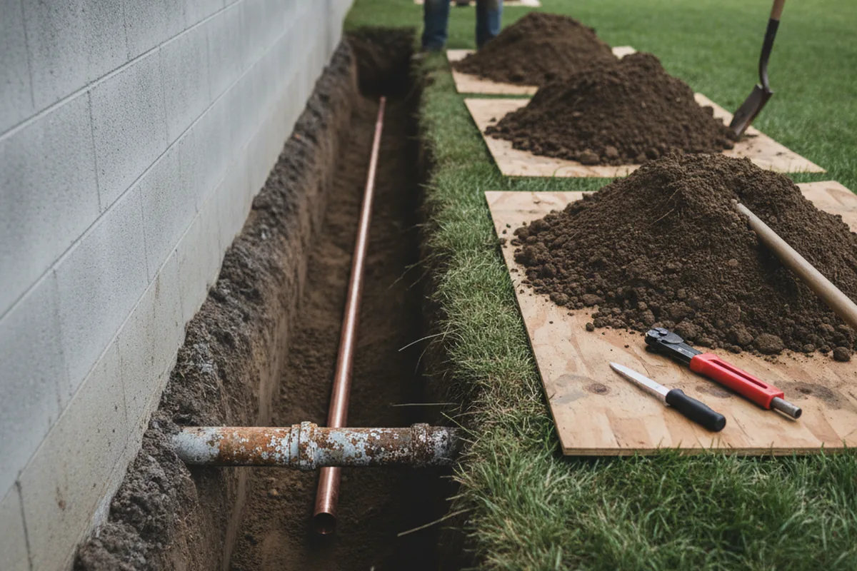 Excavated water line trench during Water Heater Repair in New Albany